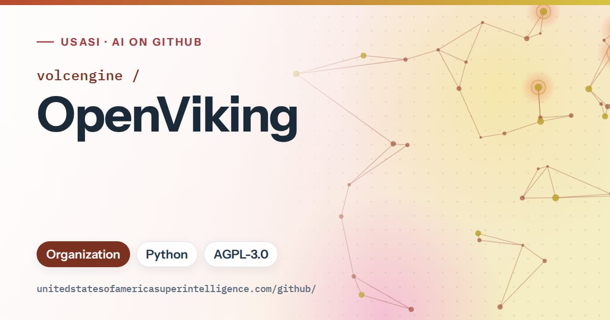 Generated red constellation network artwork for volcengine/OpenViking, labeled USASI · AI on GitHub, with Organization · Python · AGPL-3.0.