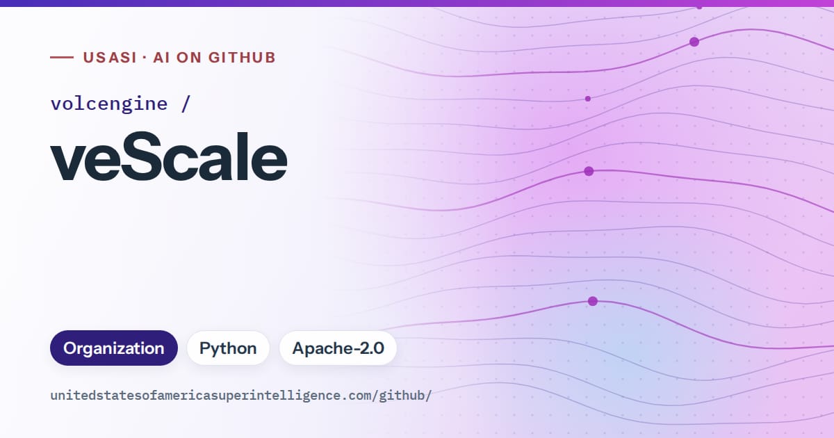 Generated violet flowing-wave artwork for volcengine/veScale, labeled USASI · AI on GitHub, with Organization · Python · Apache-2.0.