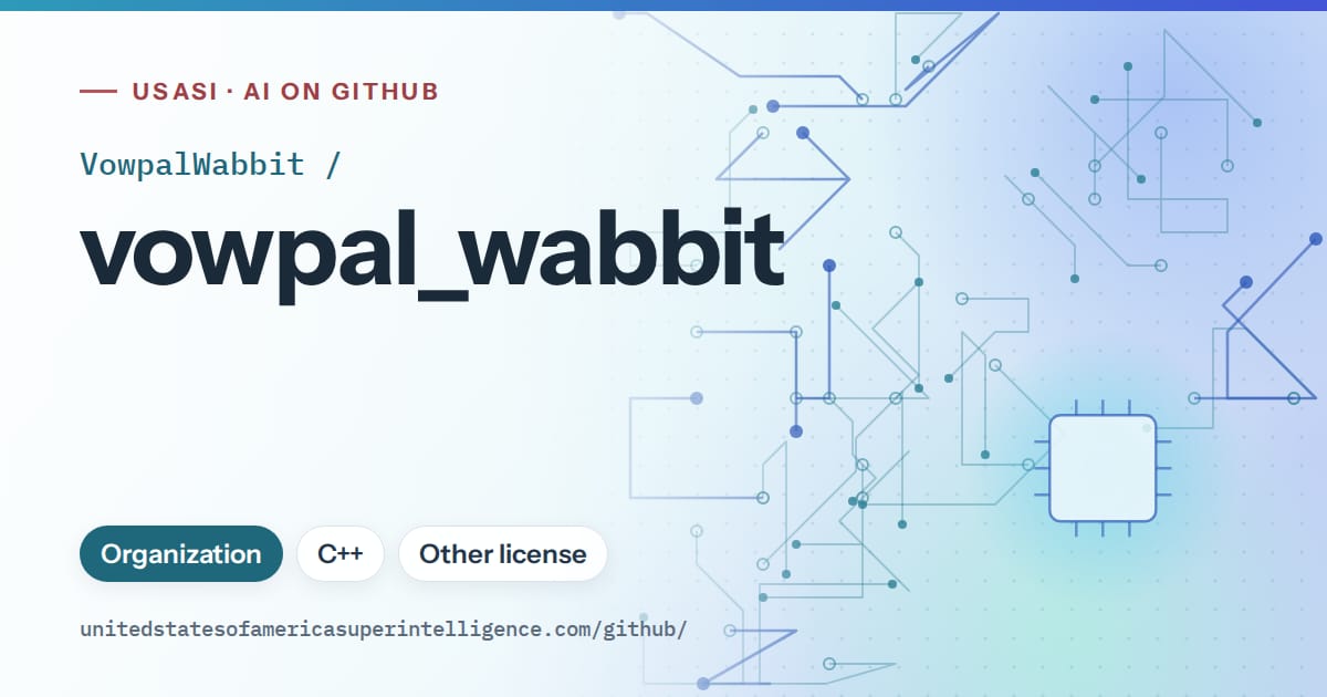 Generated sky blue circuit-trace artwork for VowpalWabbit/vowpal_wabbit, labeled USASI · AI on GitHub, with Organization · C++ · Other license.