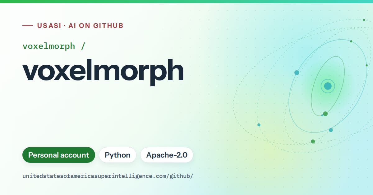 Generated green orbit artwork for voxelmorph/voxelmorph, labeled USASI · AI on GitHub, with Personal account · Python · Apache-2.0.