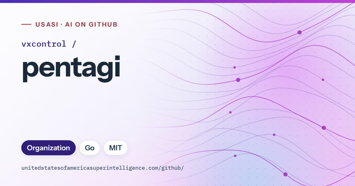 Generated violet flowing-wave artwork for vxcontrol/pentagi, labeled USASI · AI on GitHub, with Organization · Go · MIT.