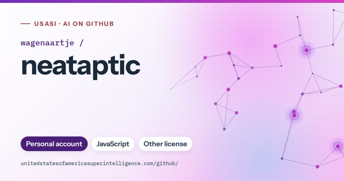 Generated violet constellation network artwork for wagenaartje/neataptic, labeled USASI · AI on GitHub, with Personal account · JavaScript · Other license.