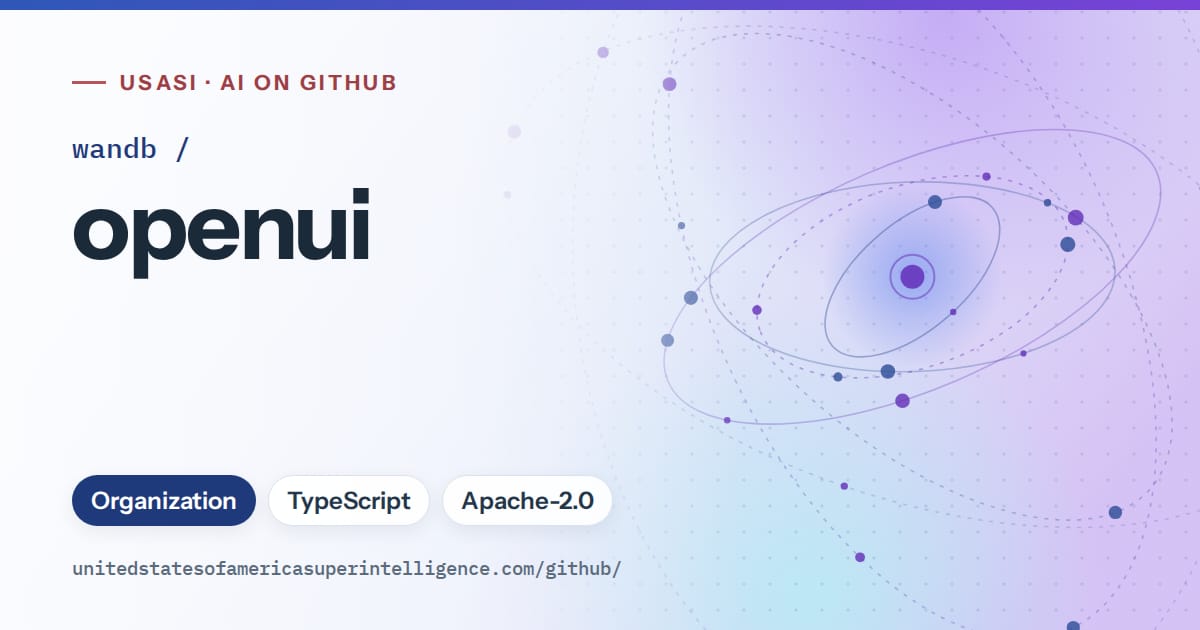 Generated blue orbit artwork for wandb/openui, labeled USASI · AI on GitHub, with Organization · TypeScript · Apache-2.0.