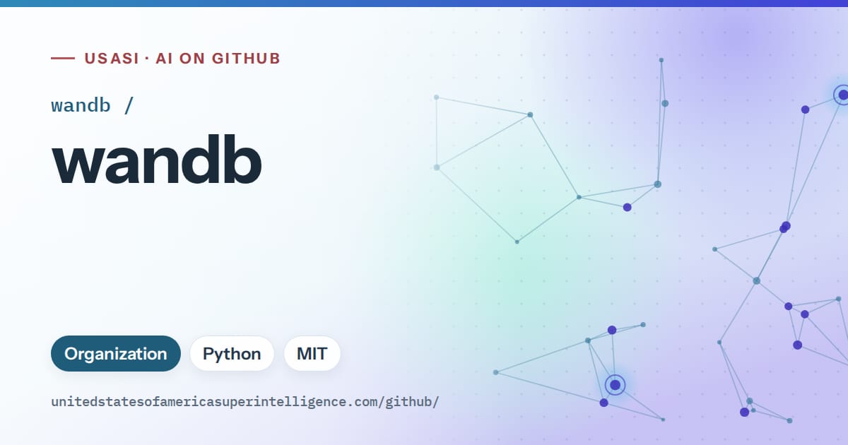 Generated sky blue constellation network artwork for wandb/wandb, labeled USASI · AI on GitHub, with Organization · Python · MIT.