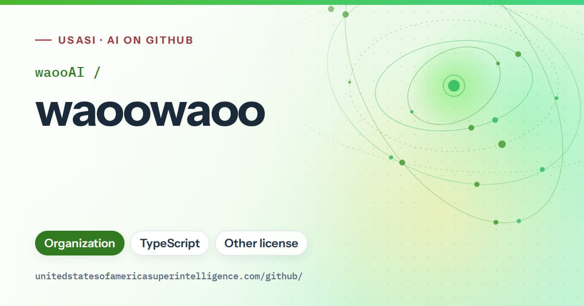 Generated green orbit artwork for waooAI/waoowaoo, labeled USASI · AI on GitHub, with Organization · TypeScript · Other license.