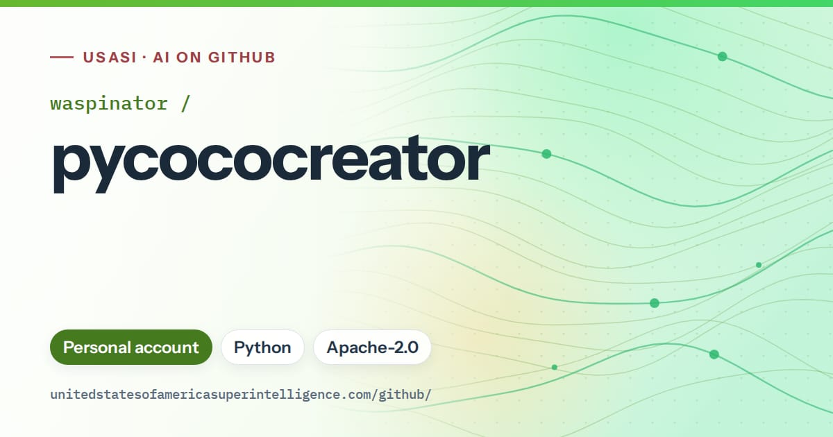 Generated green flowing-wave artwork for waspinator/pycococreator, labeled USASI · AI on GitHub, with Personal account · Python · Apache-2.0.