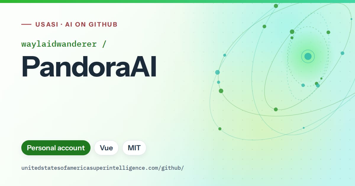 Generated green orbit artwork for waylaidwanderer/PandoraAI, labeled USASI · AI on GitHub, with Personal account · Vue · MIT.