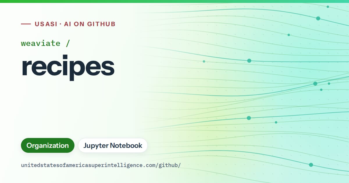 Generated green flowing-wave artwork for weaviate/recipes, labeled USASI · AI on GitHub, with Organization · Jupyter Notebook.