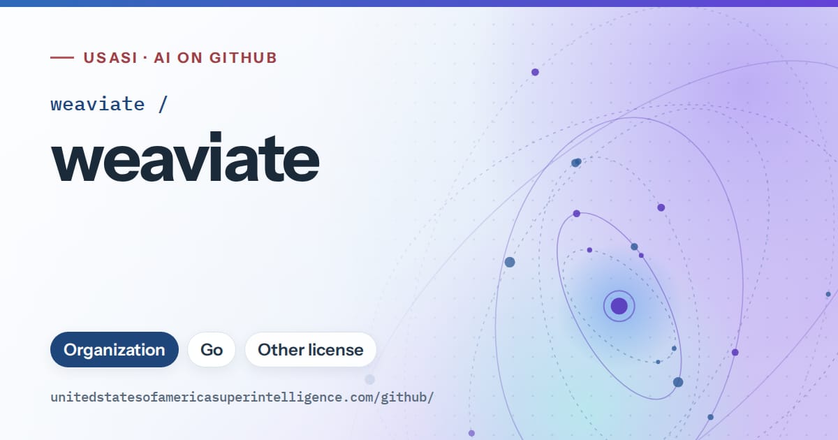 Generated sky blue orbit artwork for weaviate/weaviate, labeled USASI · AI on GitHub, with Organization · Go · Other license.