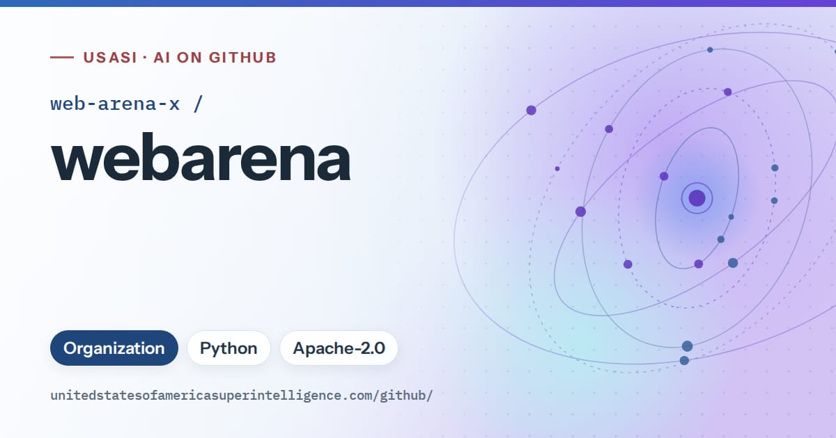 Generated sky blue orbit artwork for web-arena-x/webarena, labeled USASI · AI on GitHub, with Organization · Python · Apache-2.0.