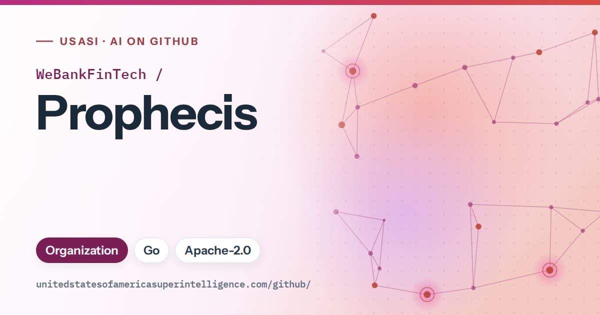 Generated pink constellation network artwork for WeBankFinTech/Prophecis, labeled USASI · AI on GitHub, with Organization · Go · Apache-2.0.