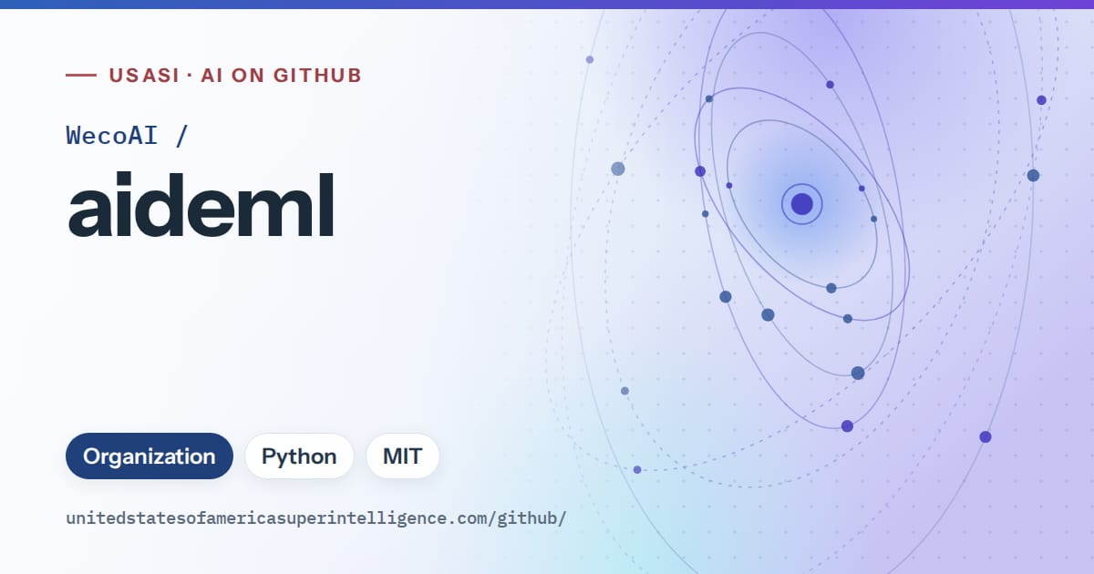 Generated blue orbit artwork for WecoAI/aideml, labeled USASI · AI on GitHub, with Organization · Python · MIT.