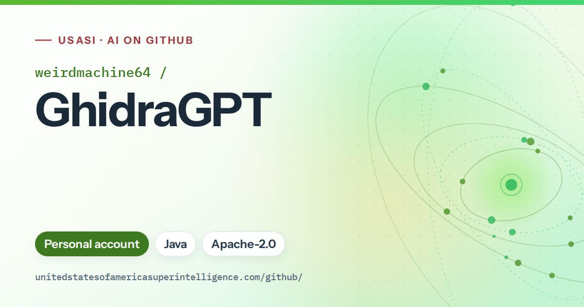 Generated green orbit artwork for weirdmachine64/GhidraGPT, labeled USASI · AI on GitHub, with Personal account · Java · Apache-2.0.