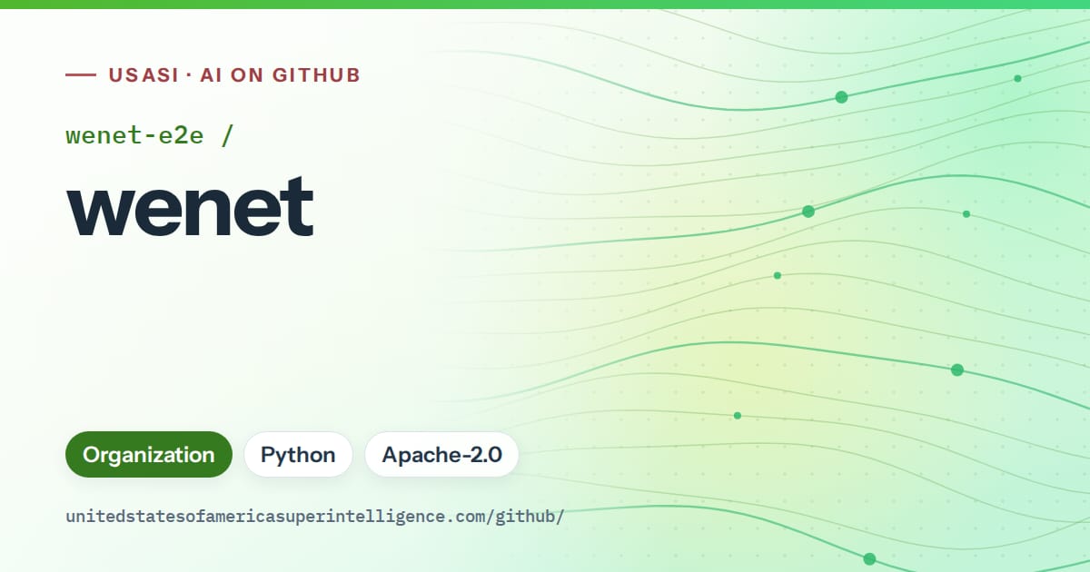 Generated green flowing-wave artwork for wenet-e2e/wenet, labeled USASI · AI on GitHub, with Organization · Python · Apache-2.0.