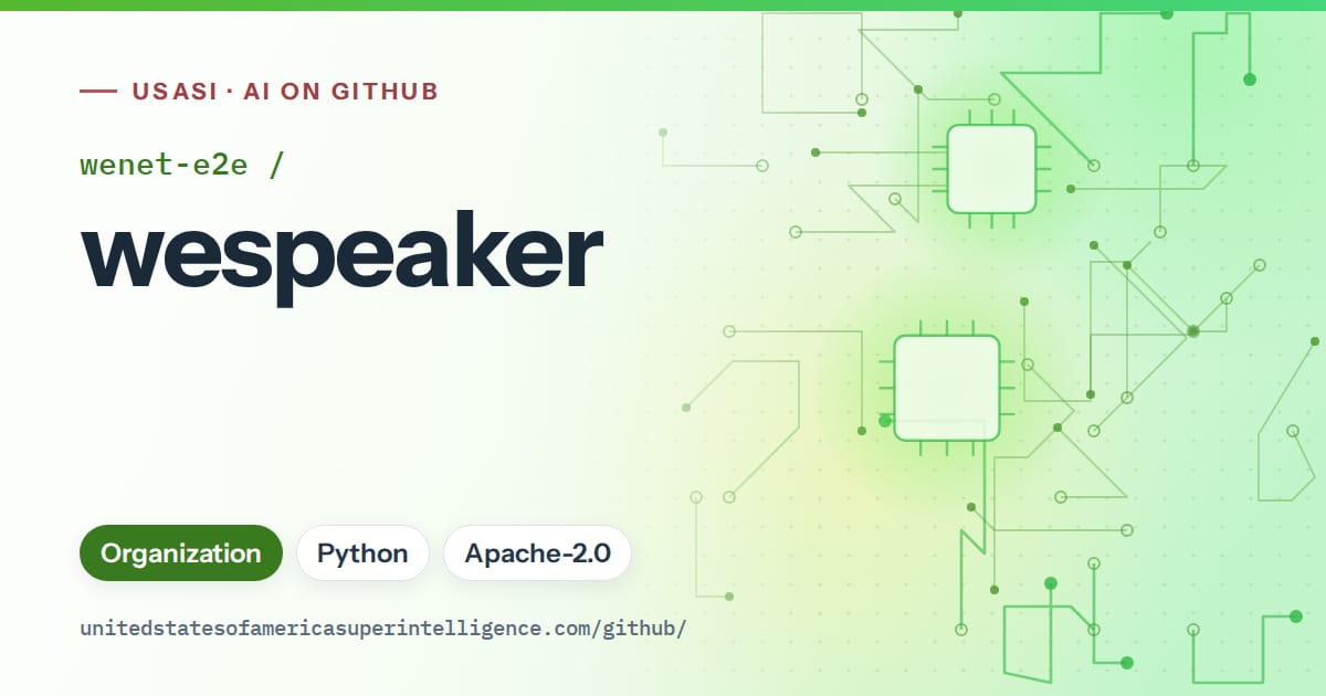 Generated green circuit-trace artwork for wenet-e2e/wespeaker, labeled USASI · AI on GitHub, with Organization · Python · Apache-2.0.