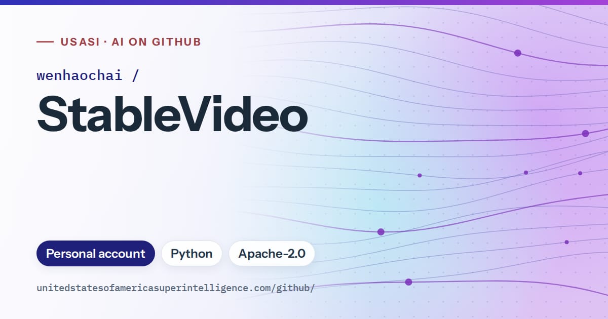 Generated blue flowing-wave artwork for wenhaochai/StableVideo, labeled USASI · AI on GitHub, with Personal account · Python · Apache-2.0.