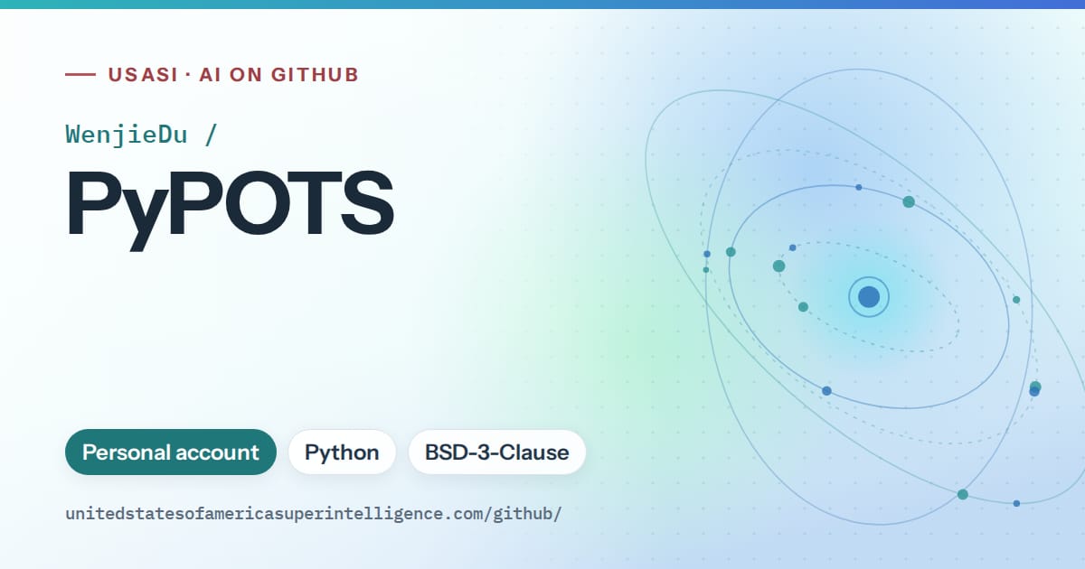 Generated teal orbit artwork for WenjieDu/PyPOTS, labeled USASI · AI on GitHub, with Personal account · Python · BSD-3-Clause.