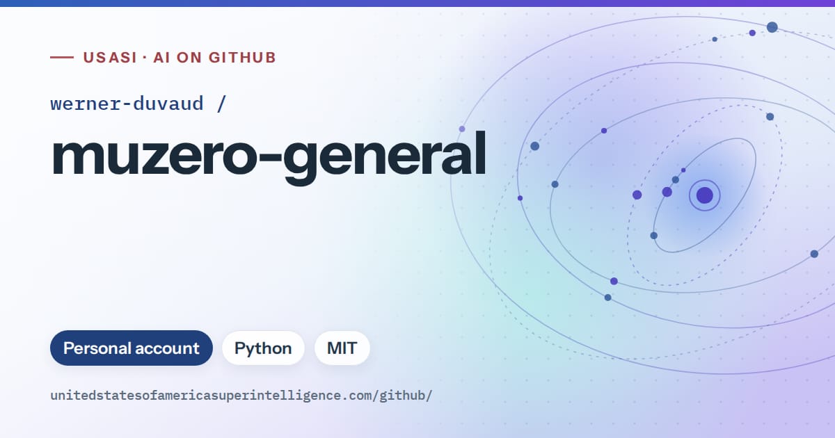 Generated blue orbit artwork for werner-duvaud/muzero-general, labeled USASI · AI on GitHub, with Personal account · Python · MIT.