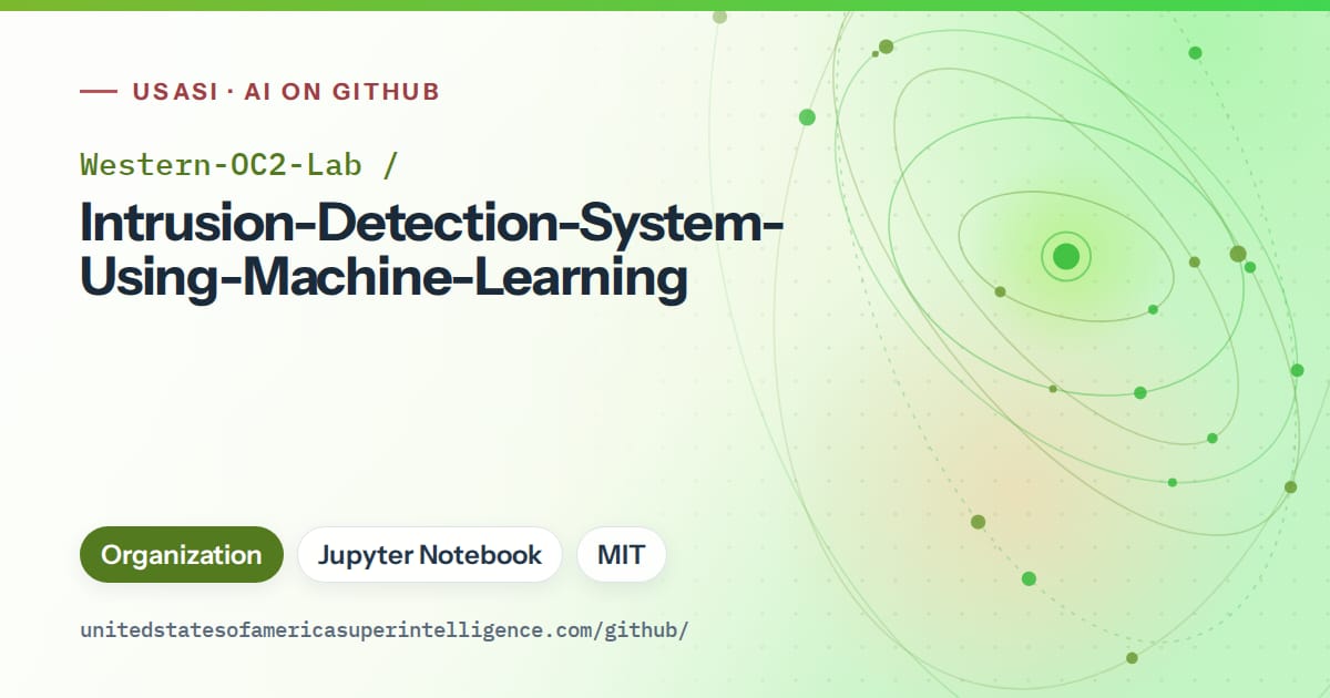 Generated green orbit artwork for Western-OC2-Lab/Intrusion-Detection-System-Using-Machine-Learning, labeled USASI · AI on GitHub, with Organization · Jupyter Notebook · MIT.