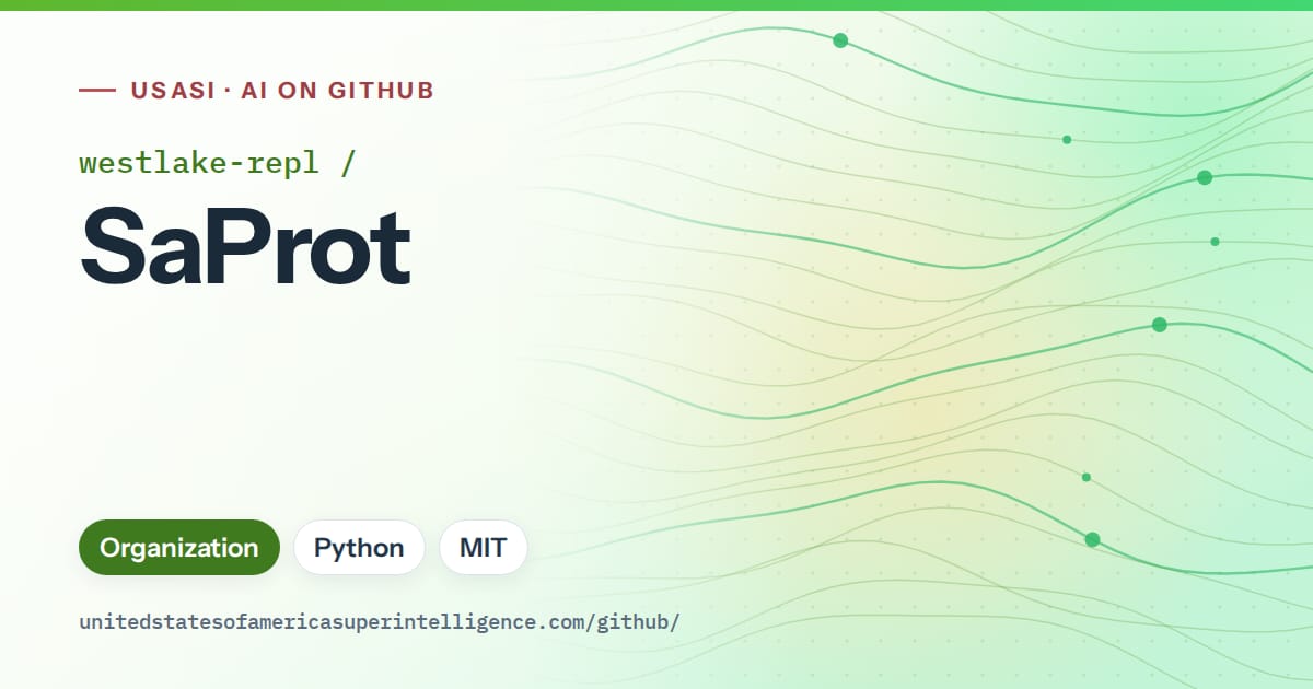 Generated green flowing-wave artwork for westlake-repl/SaProt, labeled USASI · AI on GitHub, with Organization · Python · MIT.