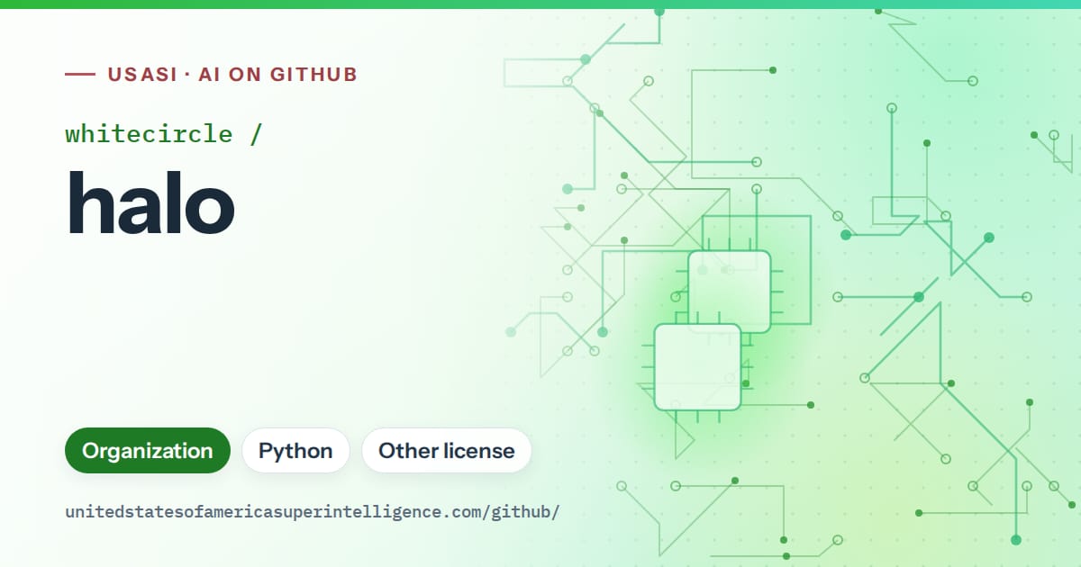 Generated green circuit-trace artwork for whitecircle/halo, labeled USASI · AI on GitHub, with Organization · Python · Other license.