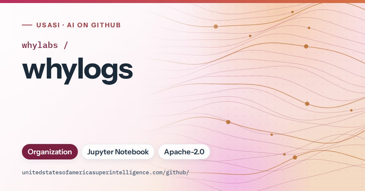 Generated pink flowing-wave artwork for whylabs/whylogs, labeled USASI · AI on GitHub, with Organization · Jupyter Notebook · Apache-2.0.