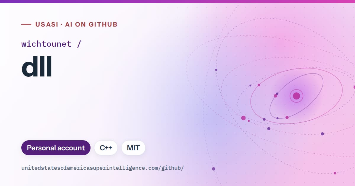 Generated violet orbit artwork for wichtounet/dll, labeled USASI · AI on GitHub, with Personal account · C++ · MIT.