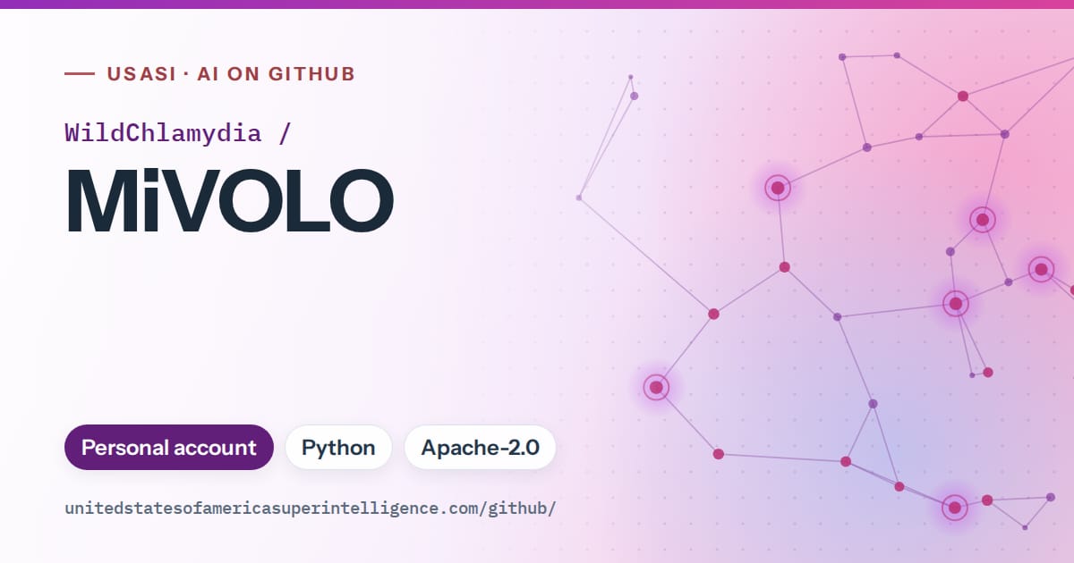 Generated violet constellation network artwork for WildChlamydia/MiVOLO, labeled USASI · AI on GitHub, with Personal account · Python · Apache-2.0.