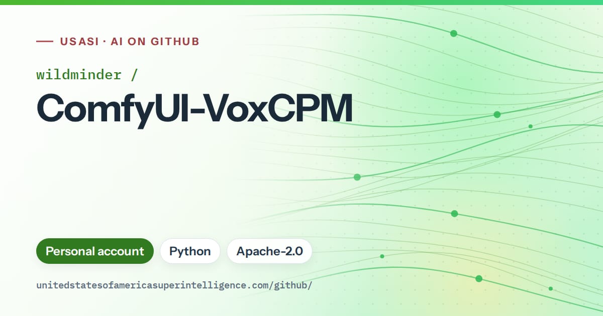 Generated green flowing-wave artwork for wildminder/ComfyUI-VoxCPM, labeled USASI · AI on GitHub, with Personal account · Python · Apache-2.0.