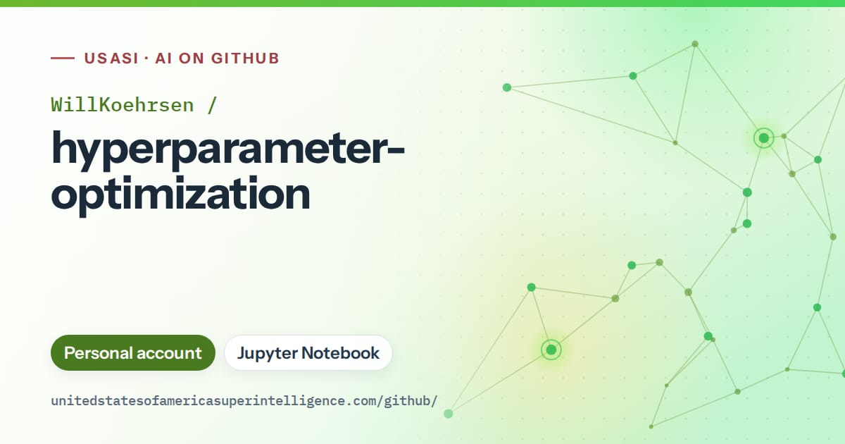Generated green constellation network artwork for WillKoehrsen/hyperparameter-optimization, labeled USASI · AI on GitHub, with Personal account · Jupyter Notebook.