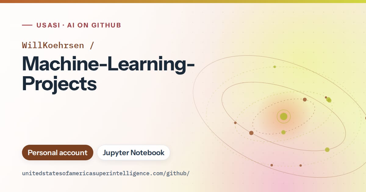 Generated orange orbit artwork for WillKoehrsen/Machine-Learning-Projects, labeled USASI · AI on GitHub, with Personal account · Jupyter Notebook.