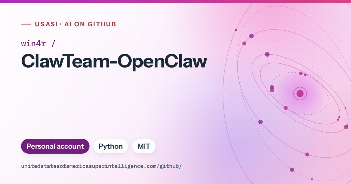 Generated purple orbit artwork for win4r/ClawTeam-OpenClaw, labeled USASI · AI on GitHub, with Personal account · Python · MIT.