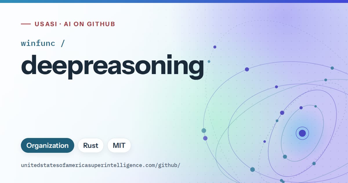 Generated sky blue orbit artwork for winfunc/deepreasoning, labeled USASI · AI on GitHub, with Organization · Rust · MIT.