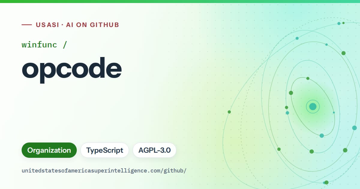 Generated green orbit artwork for winfunc/opcode, labeled USASI · AI on GitHub, with Organization · TypeScript · AGPL-3.0.