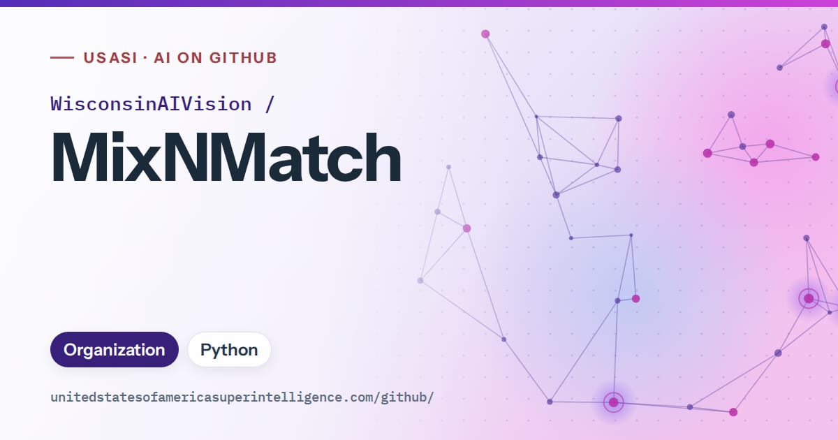 Generated violet constellation network artwork for WisconsinAIVision/MixNMatch, labeled USASI · AI on GitHub, with Organization · Python.