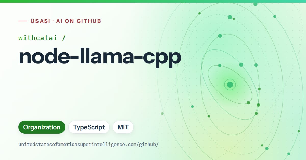 Generated green orbit artwork for withcatai/node-llama-cpp, labeled USASI · AI on GitHub, with Organization · TypeScript · MIT.