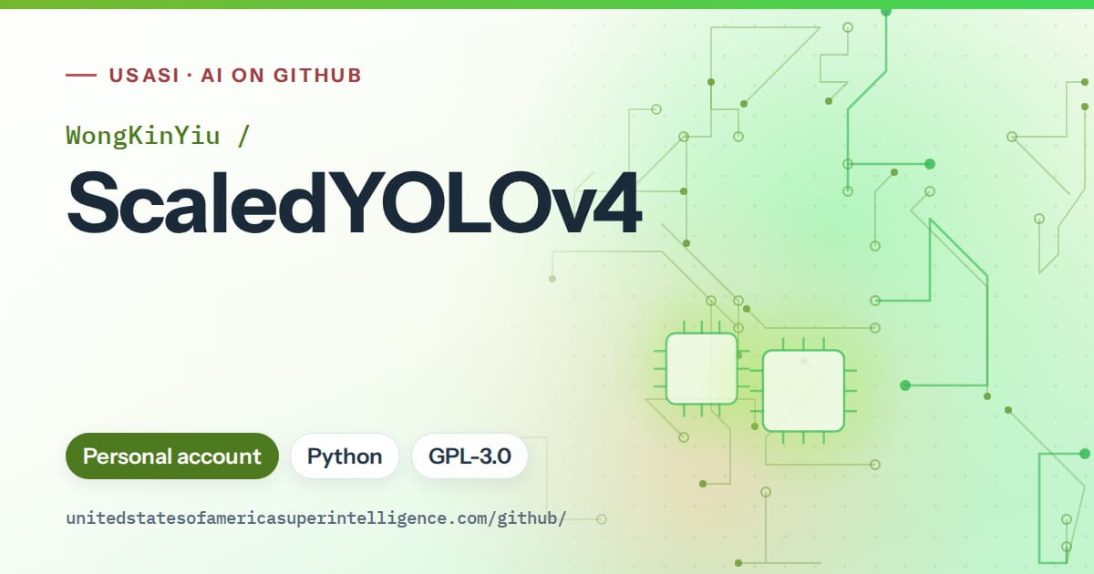 Generated green circuit-trace artwork for WongKinYiu/ScaledYOLOv4, labeled USASI · AI on GitHub, with Personal account · Python · GPL-3.0.