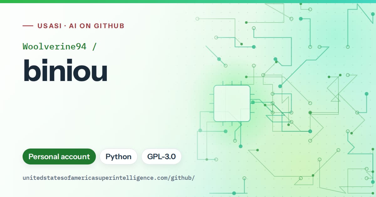 Generated green circuit-trace artwork for Woolverine94/biniou, labeled USASI · AI on GitHub, with Personal account · Python · GPL-3.0.