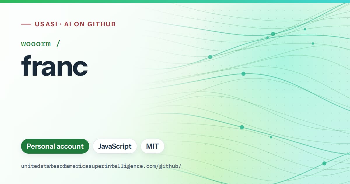 Generated green flowing-wave artwork for wooorm/franc, labeled USASI · AI on GitHub, with Personal account · JavaScript · MIT.