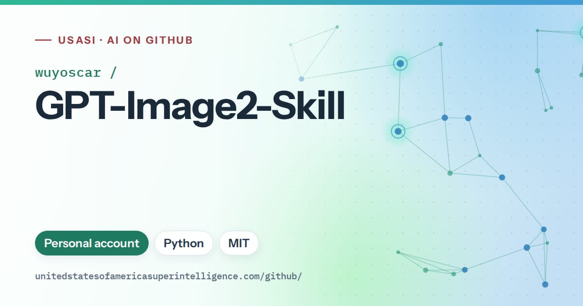 Generated teal constellation network artwork for wuyoscar/GPT-Image2-Skill, labeled USASI · AI on GitHub, with Personal account · Python · MIT.