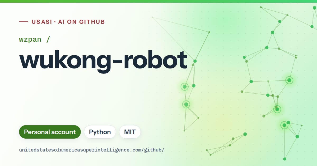 Generated green constellation network artwork for wzpan/wukong-robot, labeled USASI · AI on GitHub, with Personal account · Python · MIT.
