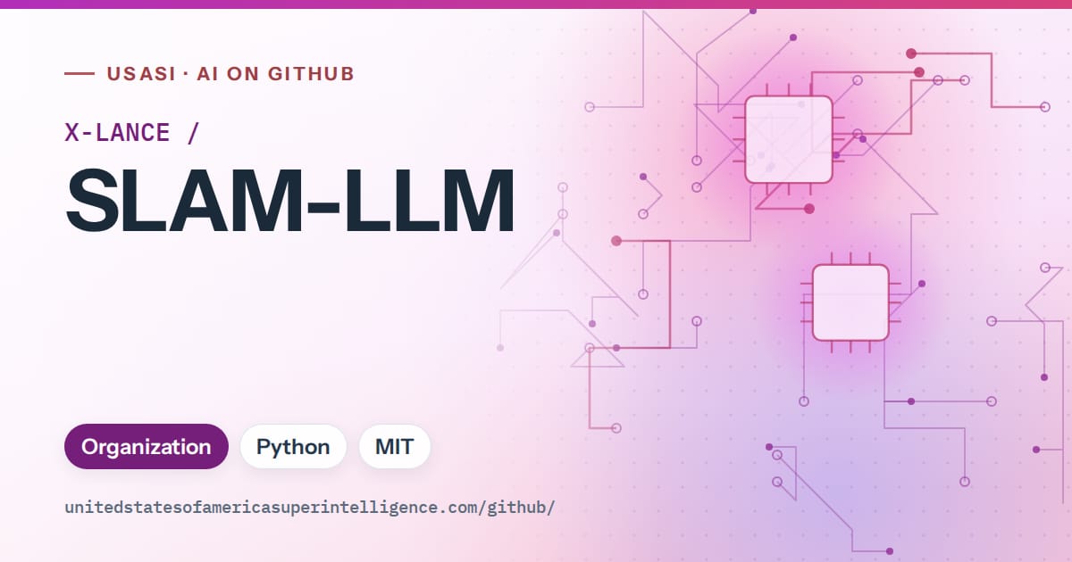 Generated purple circuit-trace artwork for X-LANCE/SLAM-LLM, labeled USASI · AI on GitHub, with Organization · Python · MIT.