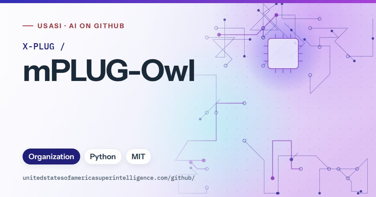 Generated blue circuit-trace artwork for X-PLUG/mPLUG-Owl, labeled USASI · AI on GitHub, with Organization · Python · MIT.