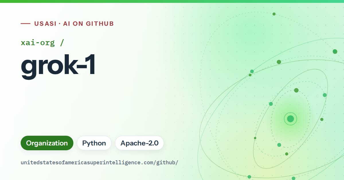 Generated green orbit artwork for xai-org/grok-1, labeled USASI · AI on GitHub, with Organization · Python · Apache-2.0.