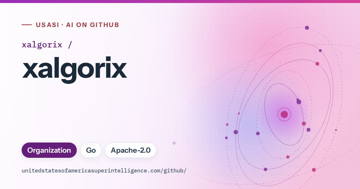 Generated purple orbit artwork for xalgorix/xalgorix, labeled USASI · AI on GitHub, with Organization · Go · Apache-2.0.