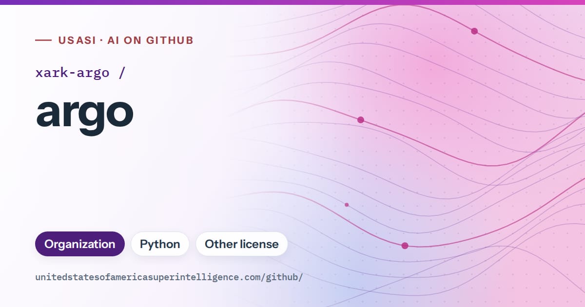 Generated violet flowing-wave artwork for xark-argo/argo, labeled USASI · AI on GitHub, with Organization · Python · Other license.