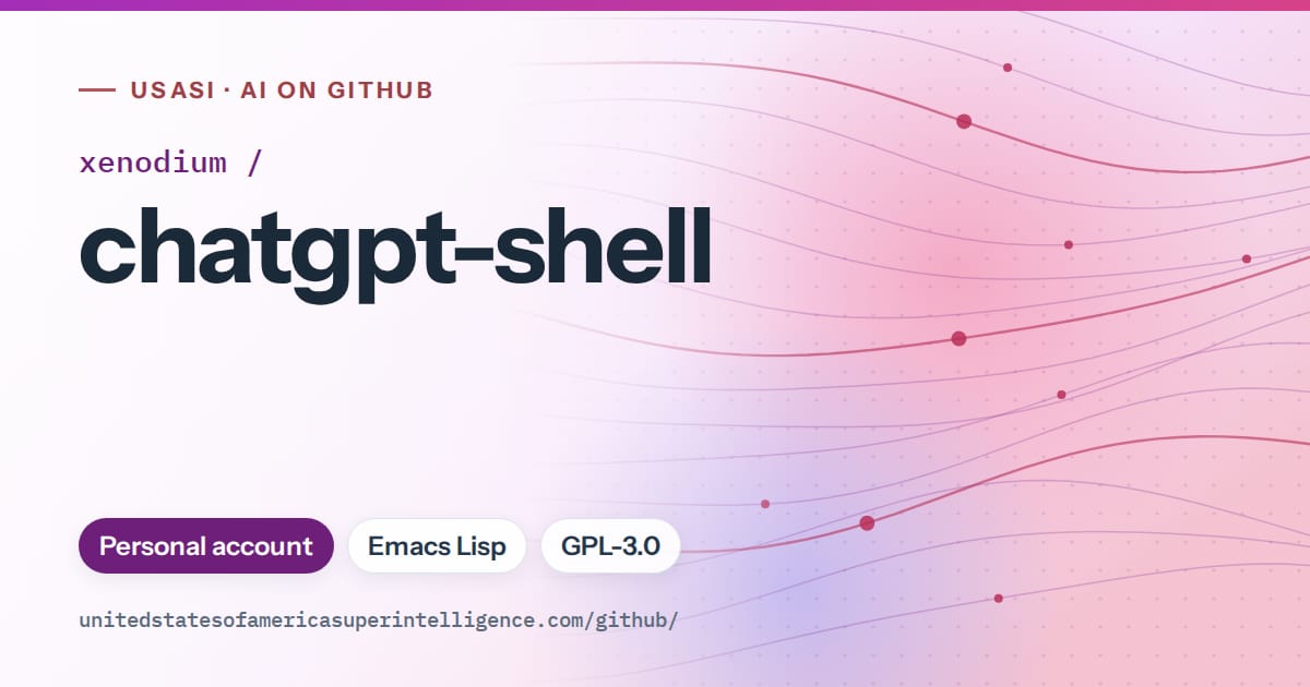Generated purple flowing-wave artwork for xenodium/chatgpt-shell, labeled USASI · AI on GitHub, with Personal account · Emacs Lisp · GPL-3.0.