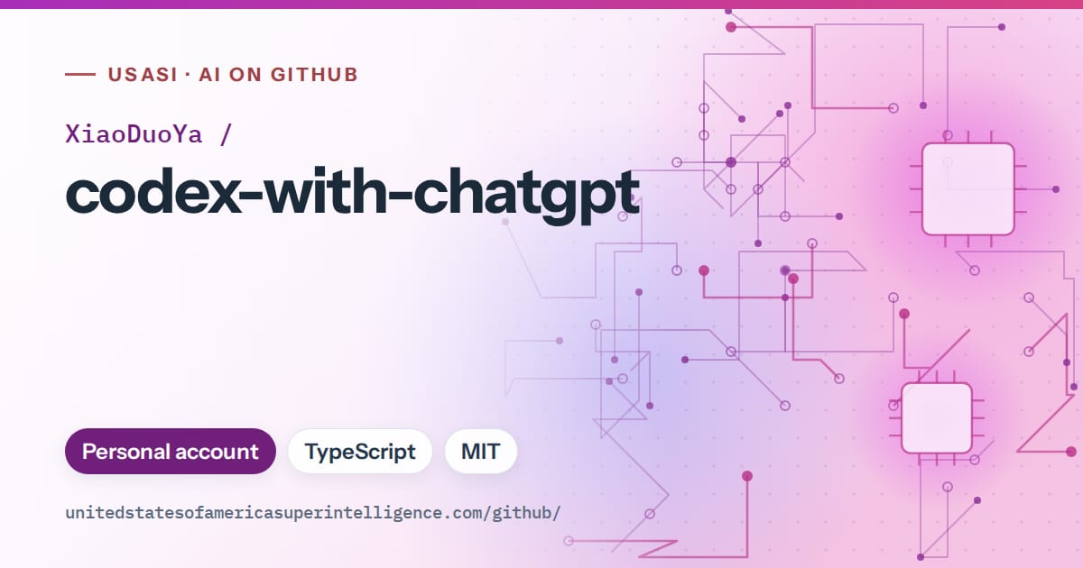 Generated purple circuit-trace artwork for XiaoDuoYa/codex-with-chatgpt, labeled USASI · AI on GitHub, with Personal account · TypeScript · MIT.