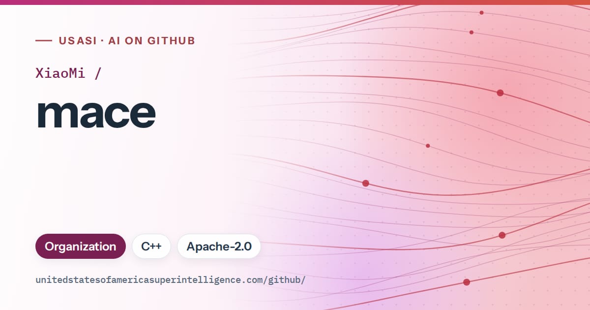 Generated pink flowing-wave artwork for XiaoMi/mace, labeled USASI · AI on GitHub, with Organization · C++ · Apache-2.0.