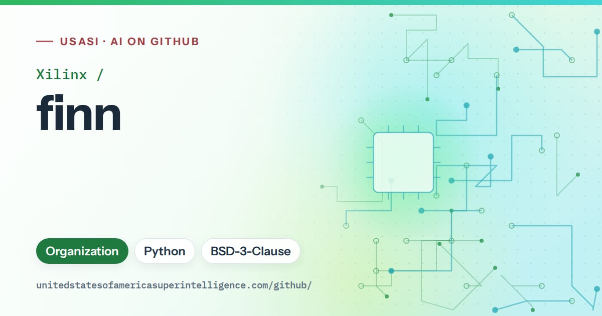 Generated green circuit-trace artwork for Xilinx/finn, labeled USASI · AI on GitHub, with Organization · Python · BSD-3-Clause.